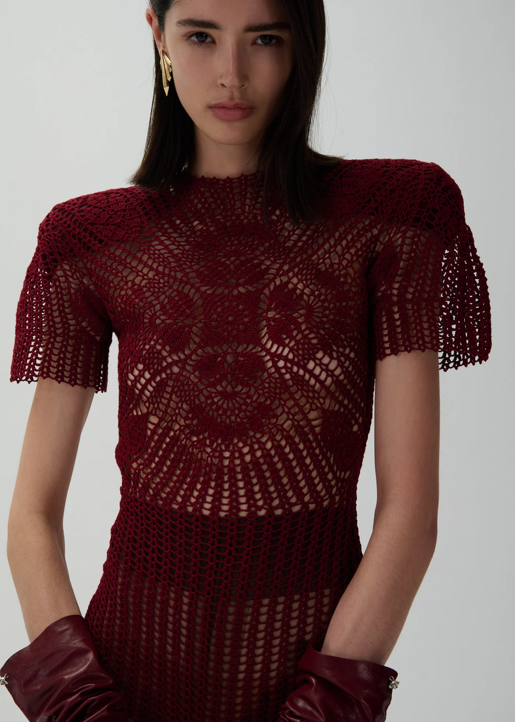 Short Sleeve Crochet Bordeaux Bodysuit - Désordre Boutique