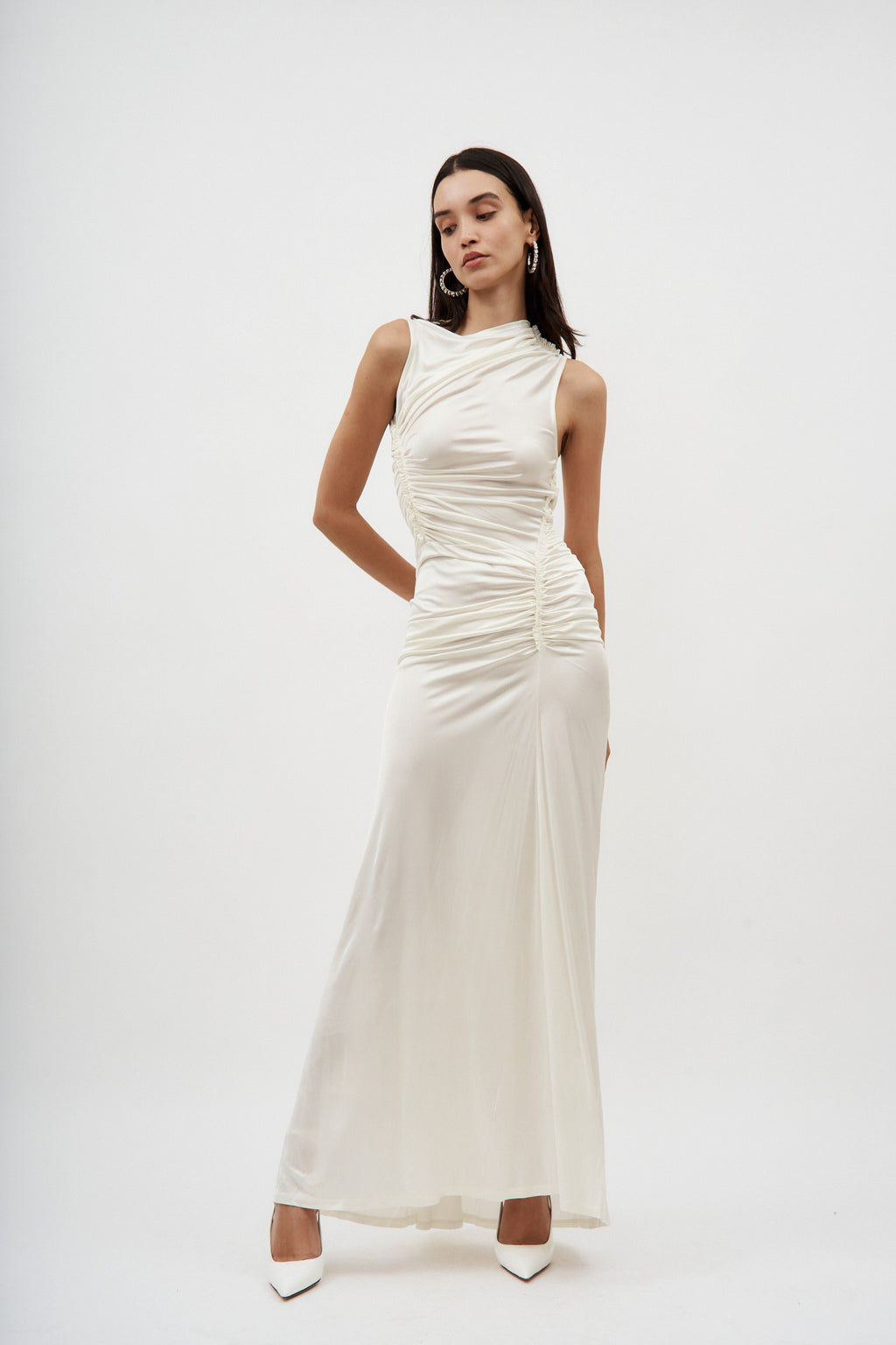 Sleeveless White Ruched Gown - Désordre Boutique