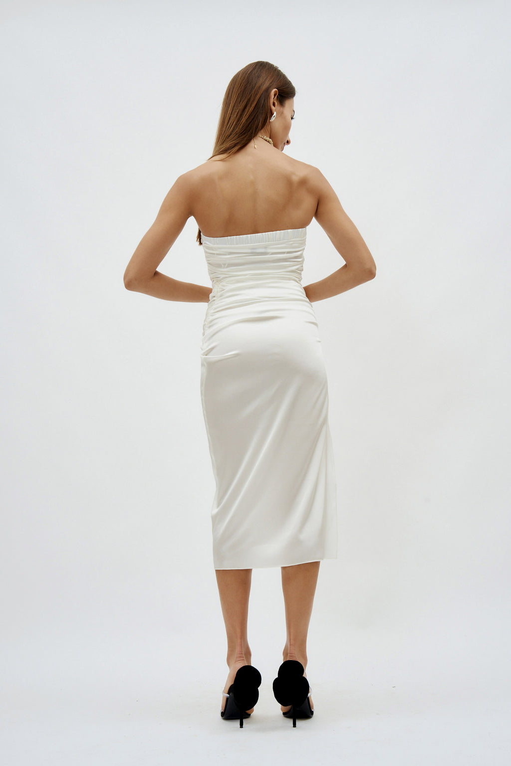 Strapless Ruched White Midi Dress - Désordre Boutique