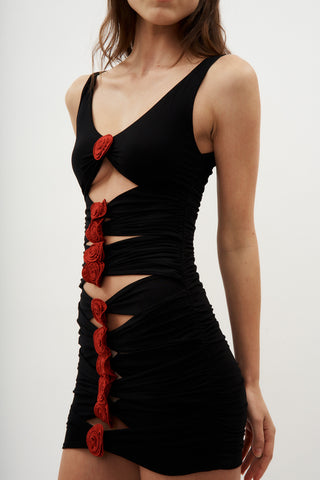 V Neck Bandage Red Roses Black Dress - Désordre Boutique