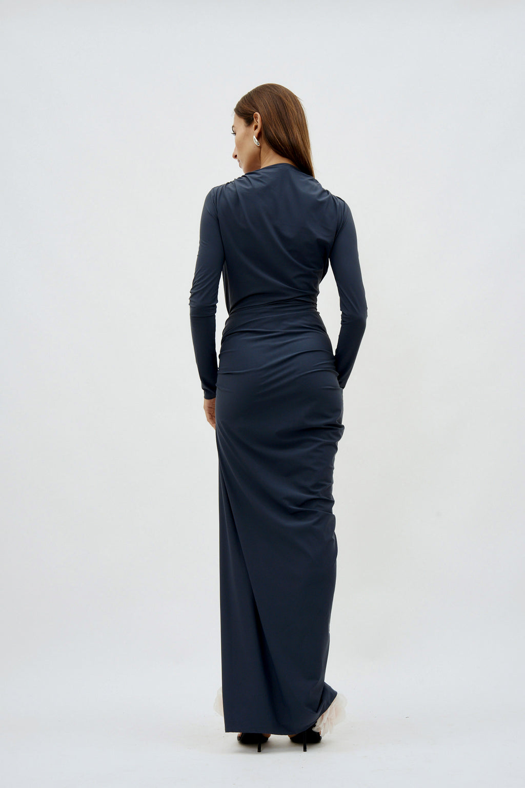 V Neck Draped Long Anthracite Dress - Désordre Boutique