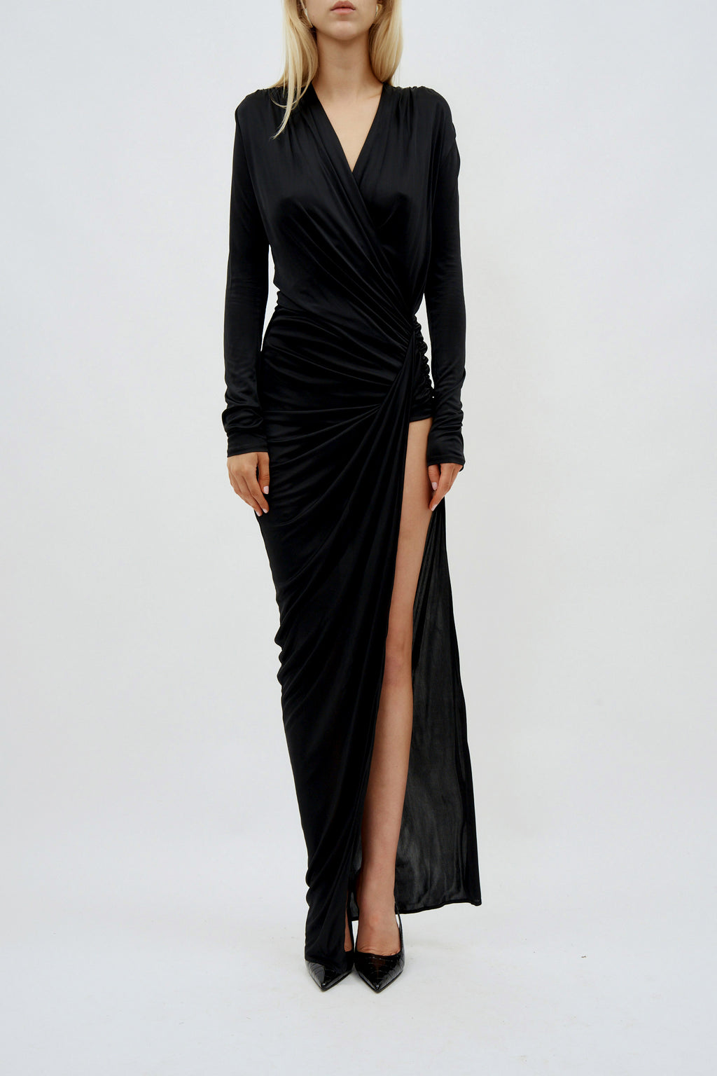 V Neck Draped Long Black Dress - Désordre Boutique