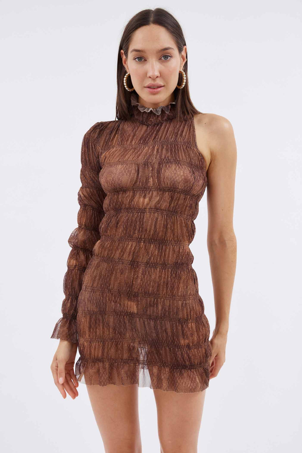 Balanced One Sleeve Brown Mini Dress