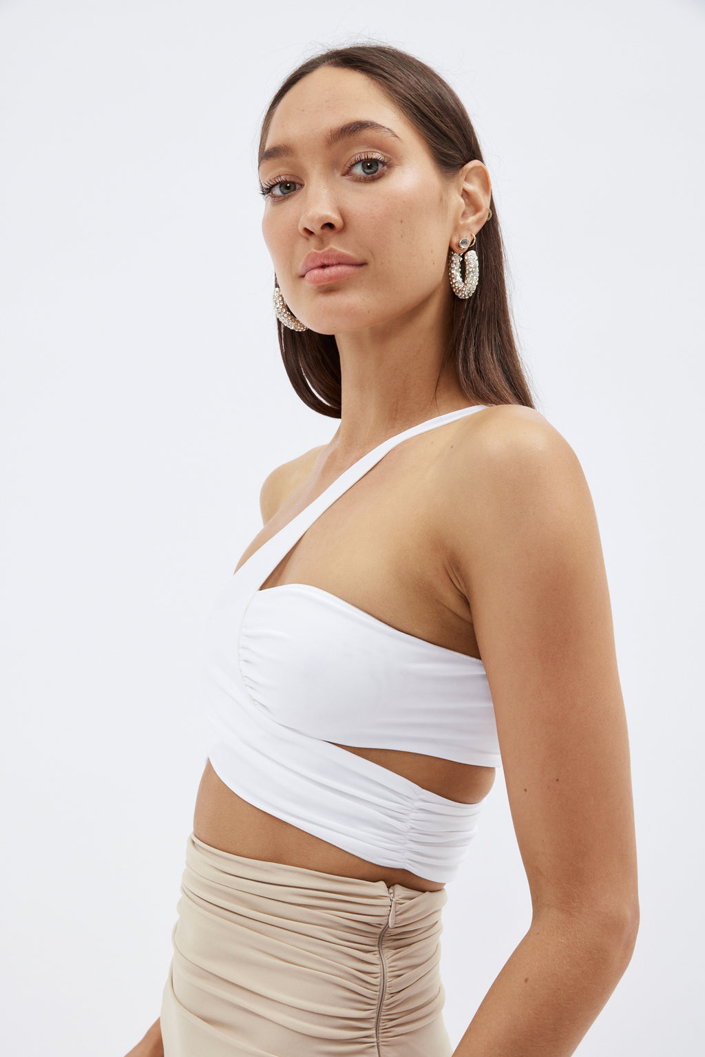 One Shoulder White Ruched Top