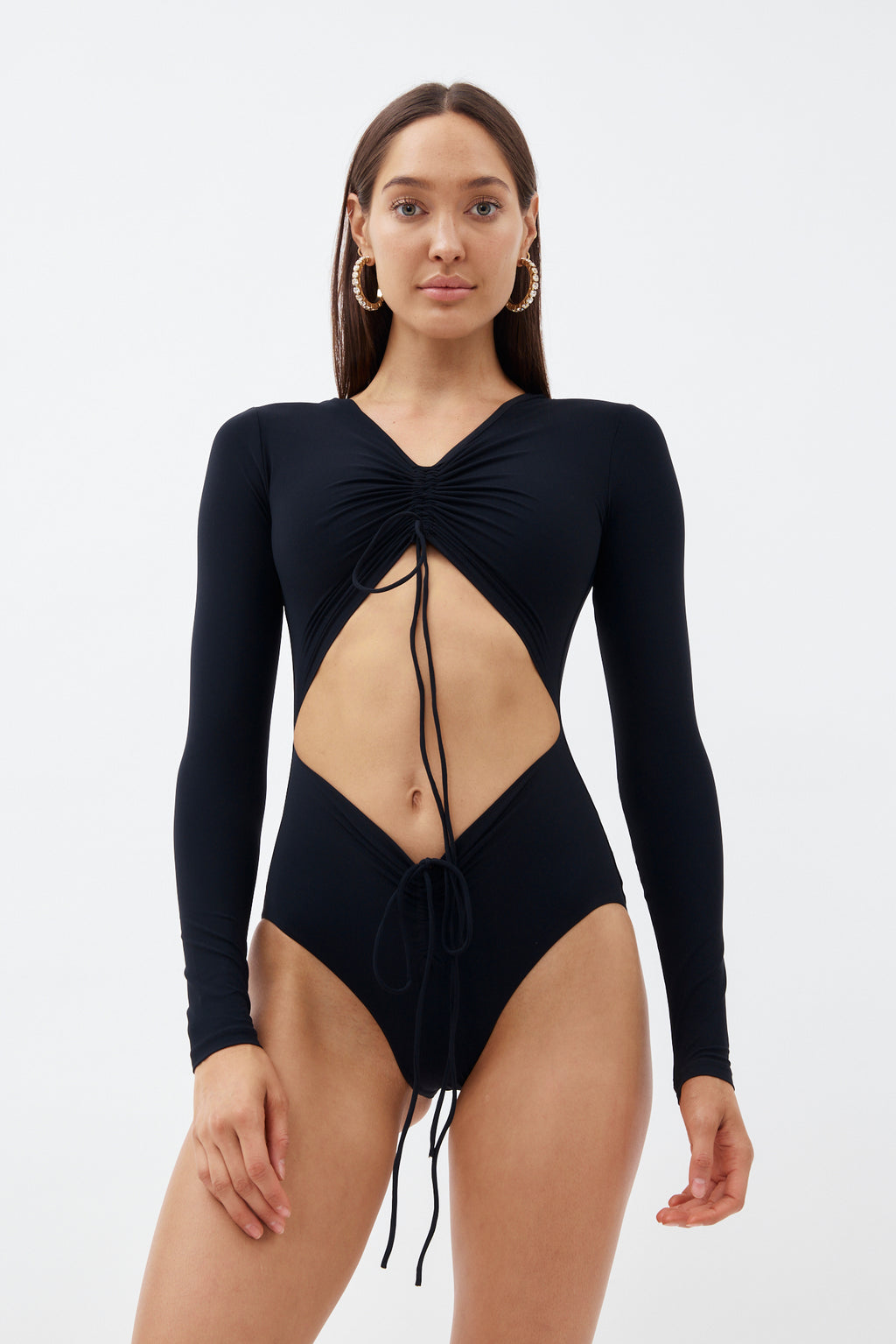 Ruched Disconnect Black Long Sleeve Swimsuit