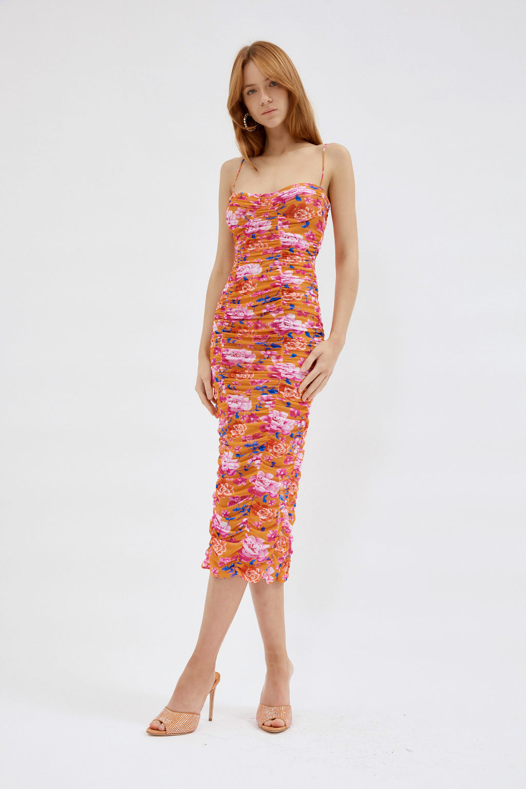 Ruched Orange Floral Print Midi Dress
