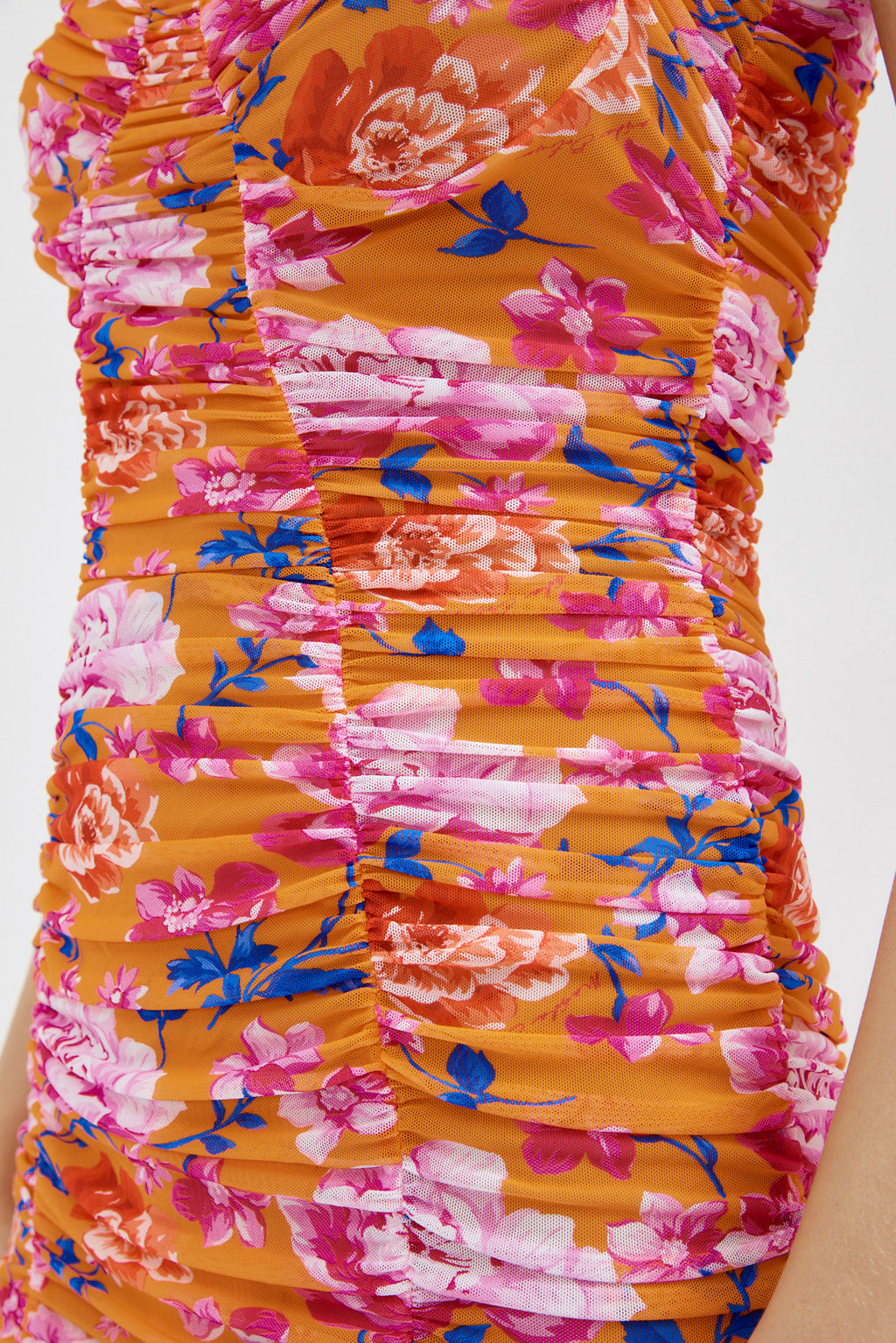Ruched Orange Floral Print Midi Dress