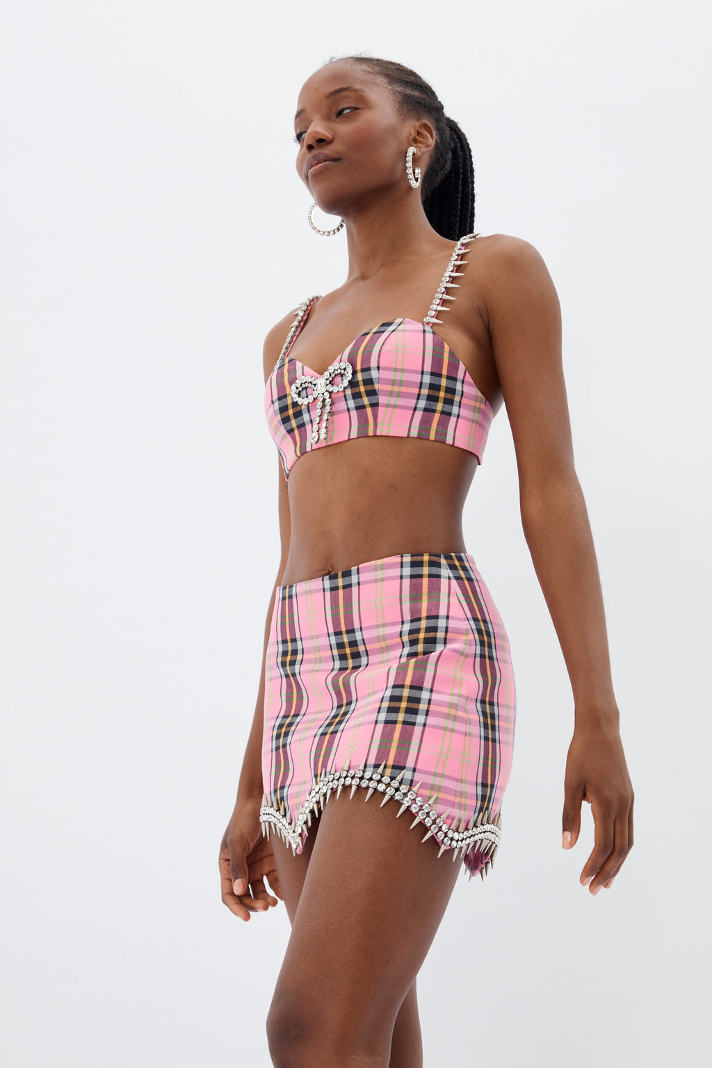 AREA Crystal Trim Bra Top in Pink Plaid, Pink. Size 0 (also in ).