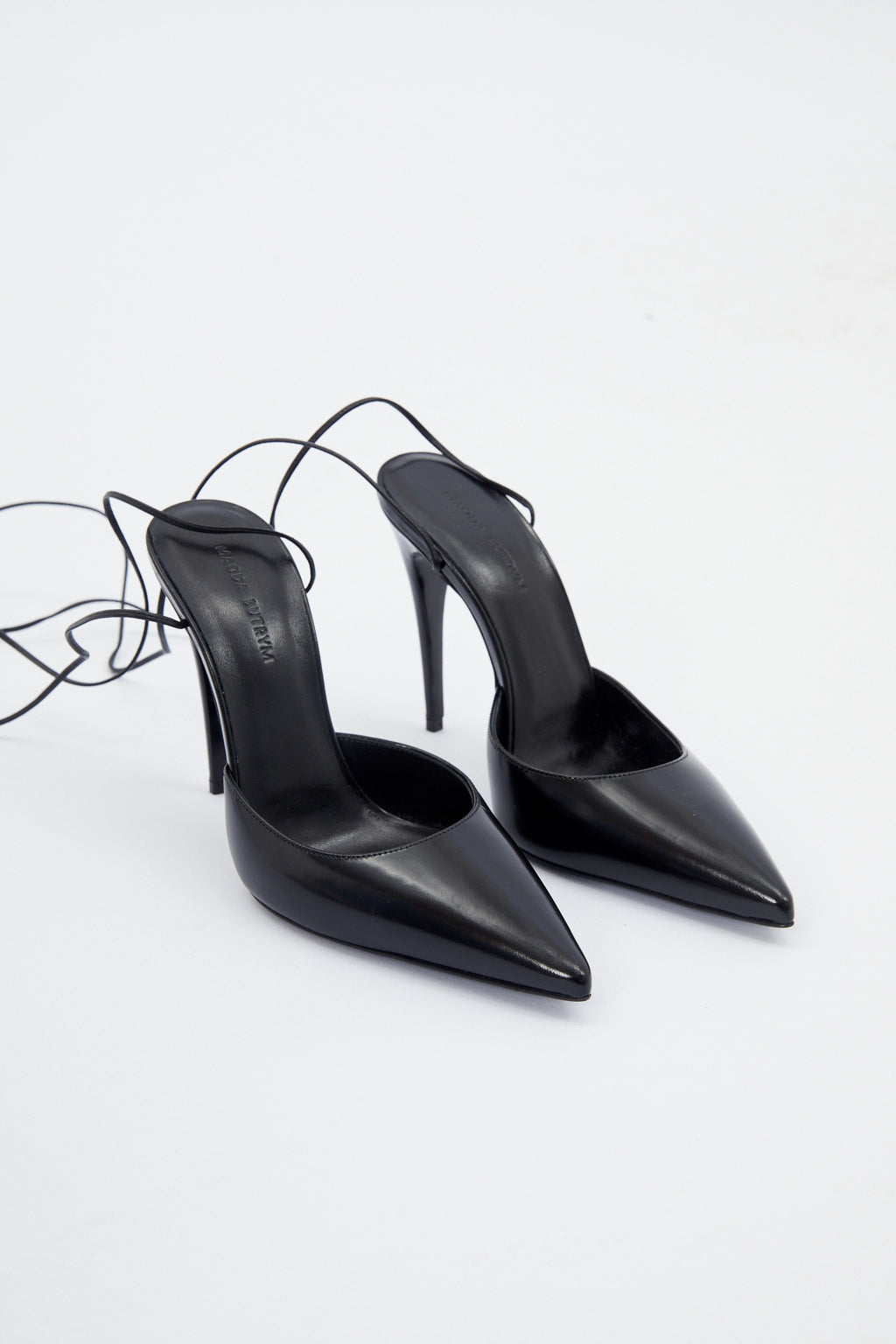 Pointed Toe Black Leather Mule Wrap Pumps