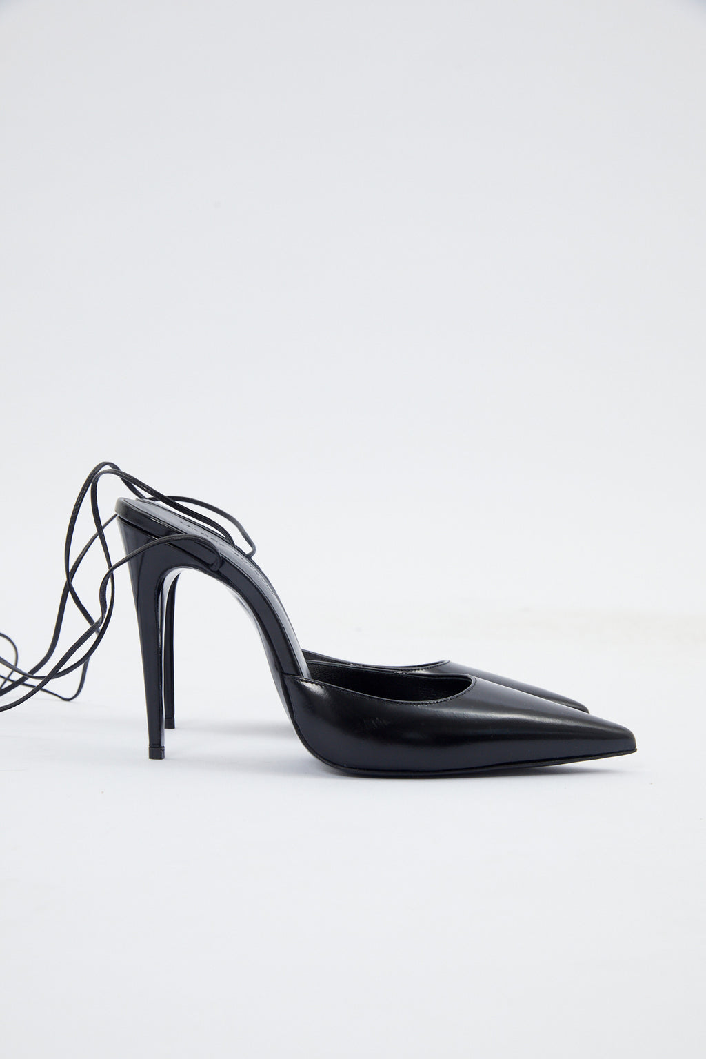 Pointed Toe Black Leather Mule Wrap Pumps