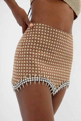 Crystal Spike Beige Houndstooth Mini Skirt