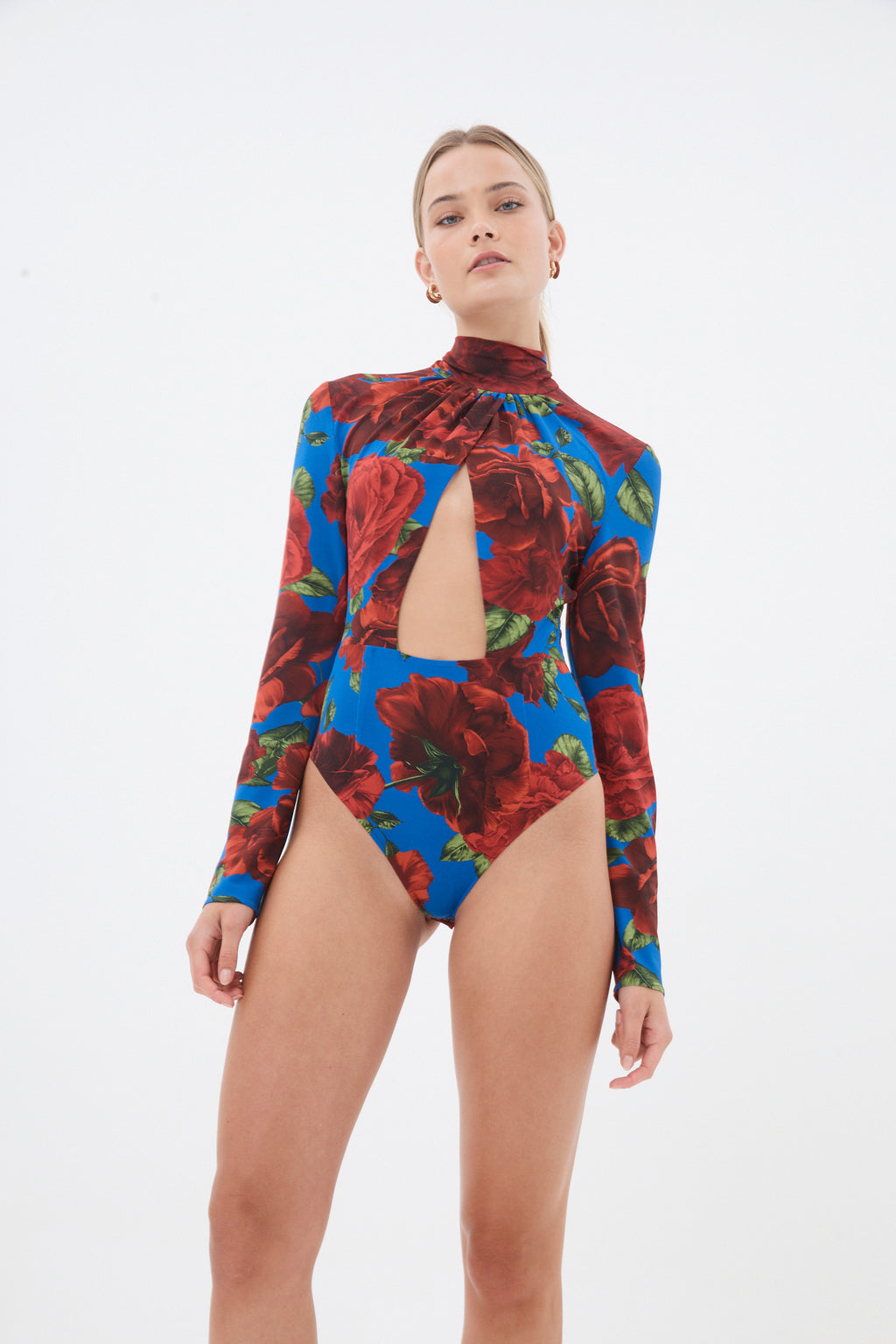 Turtleneck Blue Floral Print Cut Out Bodysuit