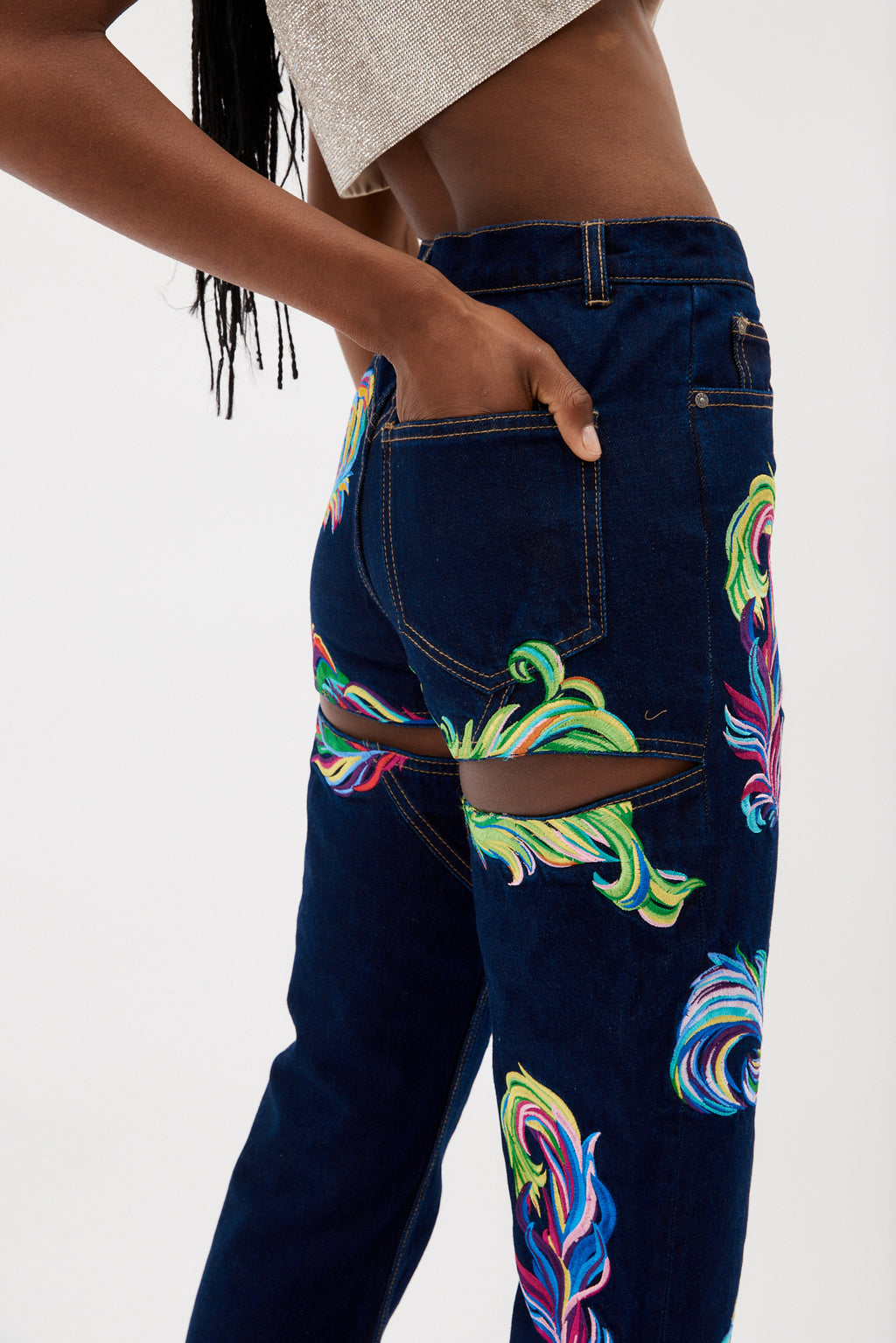 Embroidered Feather Jeans