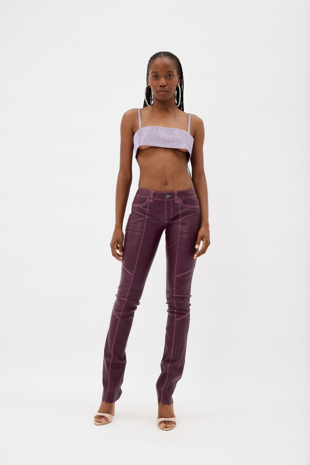 Panelled Plum Stretch Leather Pants