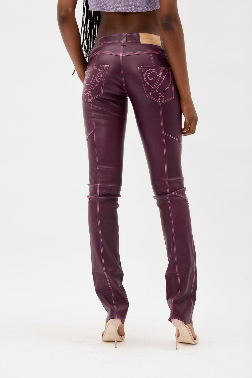 Panelled Plum Stretch Leather Pants
