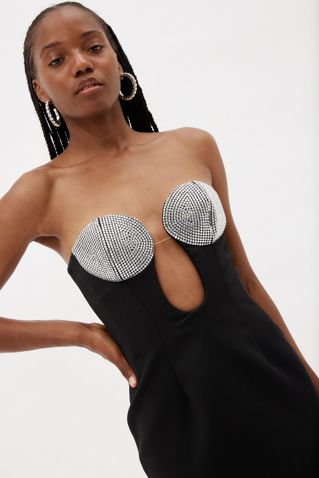 Diamante Crystal Black Strapless Cut Out Midi Dress