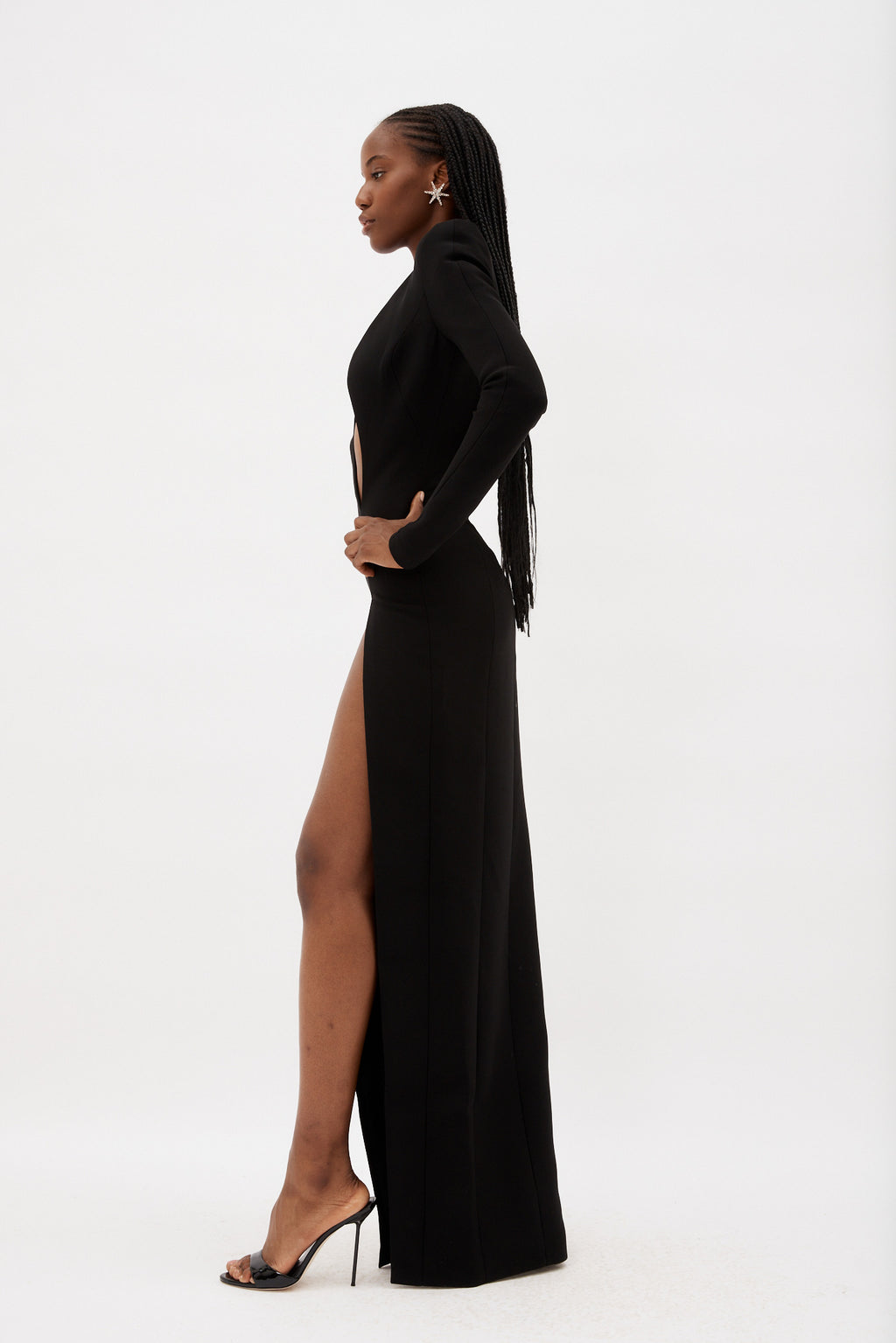 Asymmetric Black V Neck Long Sleeve Maxi Dress