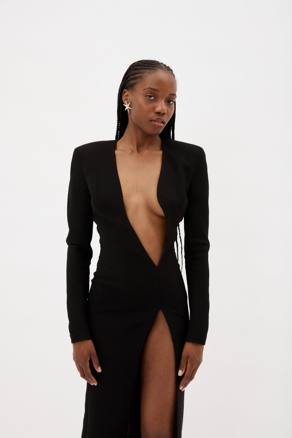Asymmetric Black V Neck Long Sleeve Maxi Dress