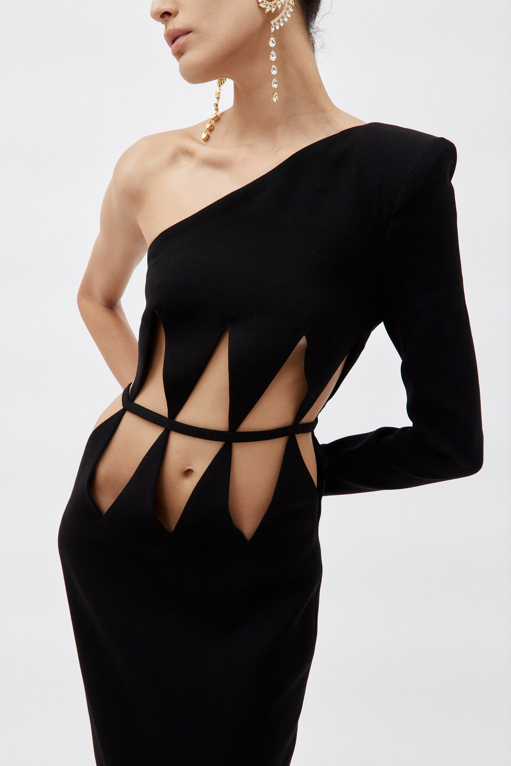One Shoulder Black Diamond Cut Out Dress