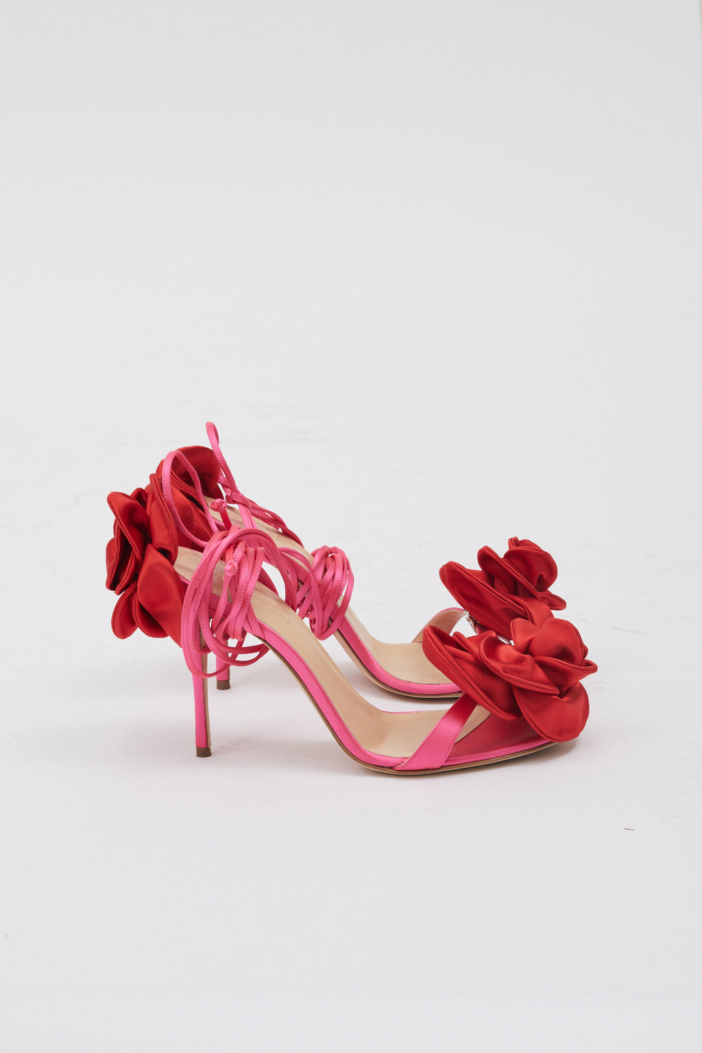 Double Flower Red Fuchsia Satin Heel Sandals