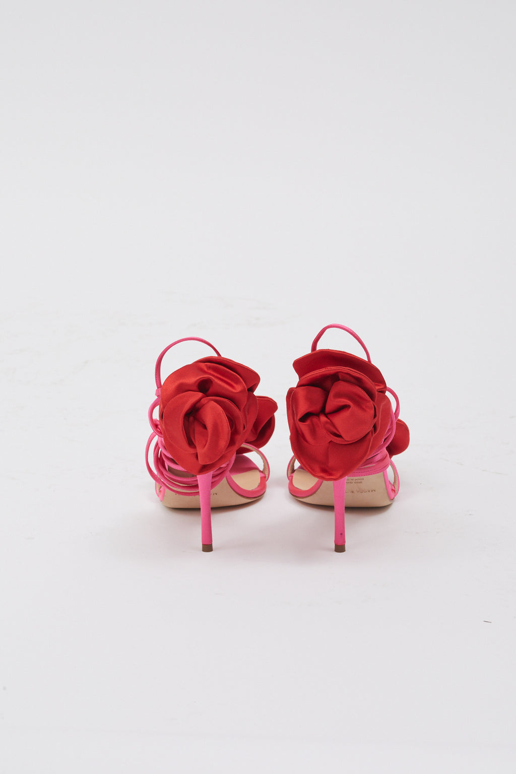 Double Flower Red Fuchsia Satin Heel Sandals