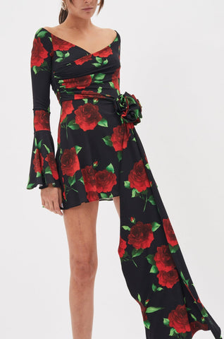 Off Shoulder Black Floral Print Bell Sleeve Mini Dress