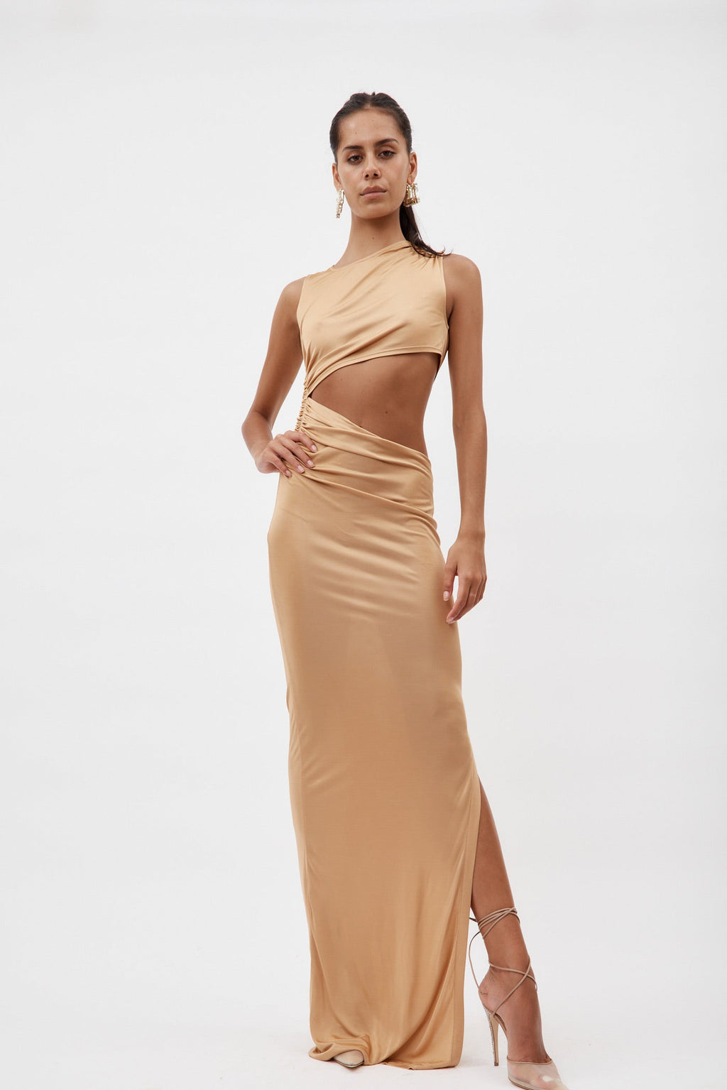 Long Shimmer Prom Dress with Side Cut Outs - PromGirl