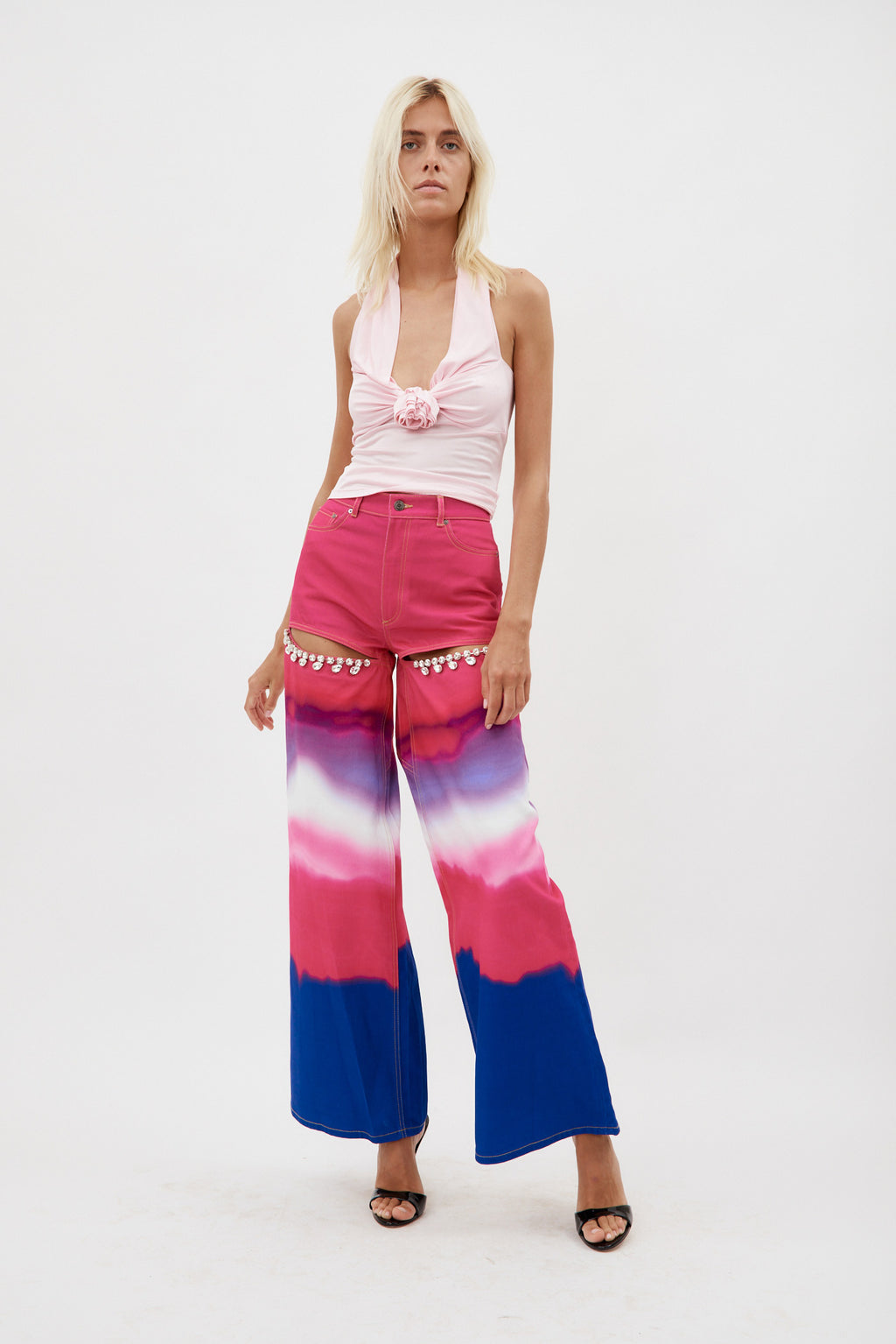 Wide Leg Crystal Slit Ombre Pink Multi Jean