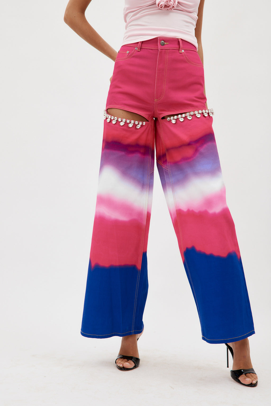 Wide Leg Crystal Slit Ombre Pink Multi Jean