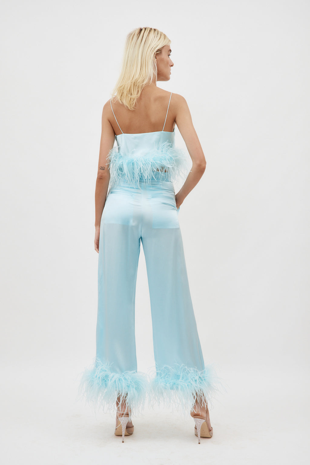 Relaxed Ice Blue Pant With Ostrich Trim