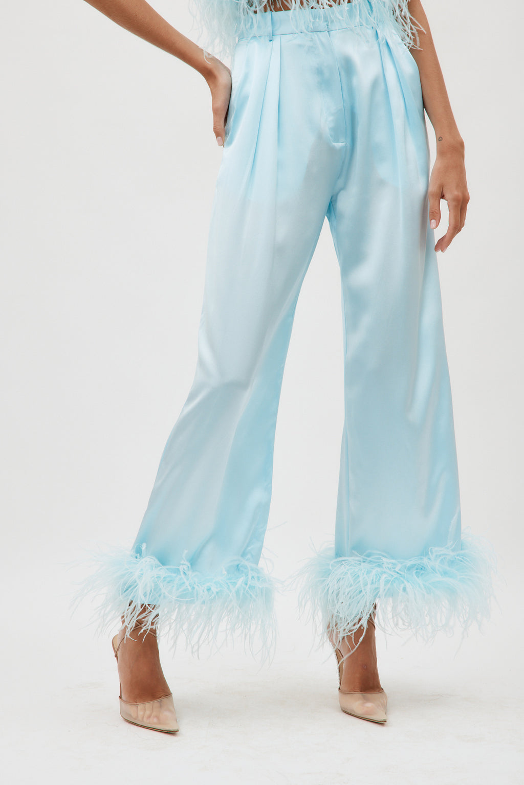 Relaxed Ice Blue Pant With Ostrich Trim