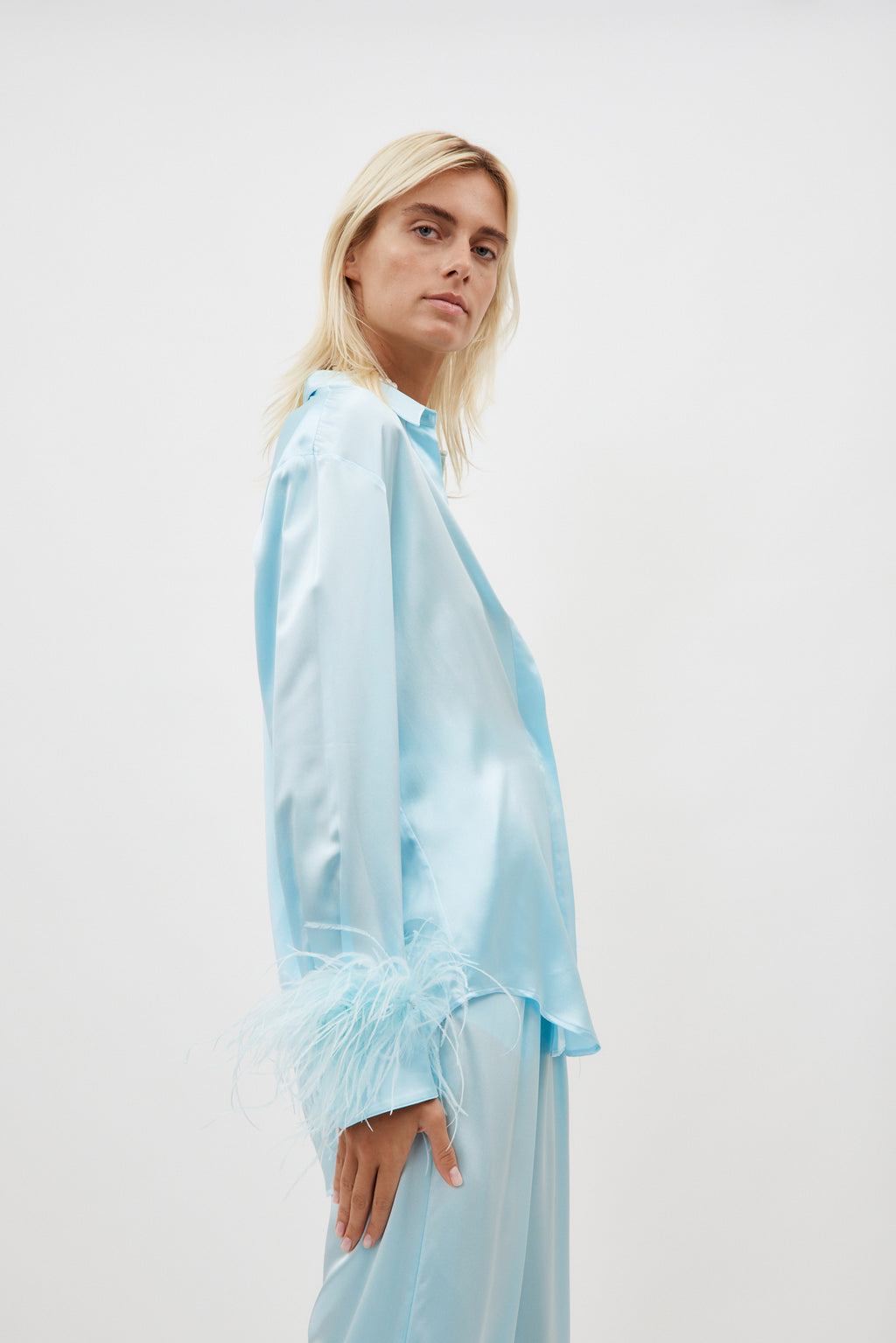 Relaxed Ice Blue Shirt With Ostrich Trim