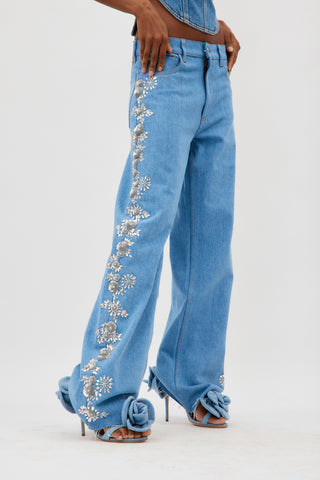 Flower Embroidered Blue Denim Pants