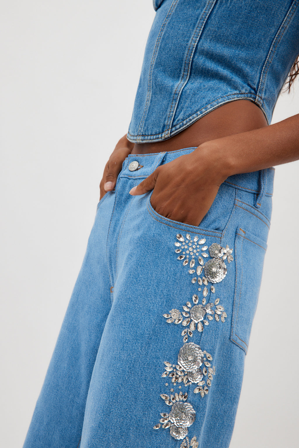 Flower Embroidered Blue Denim Pants