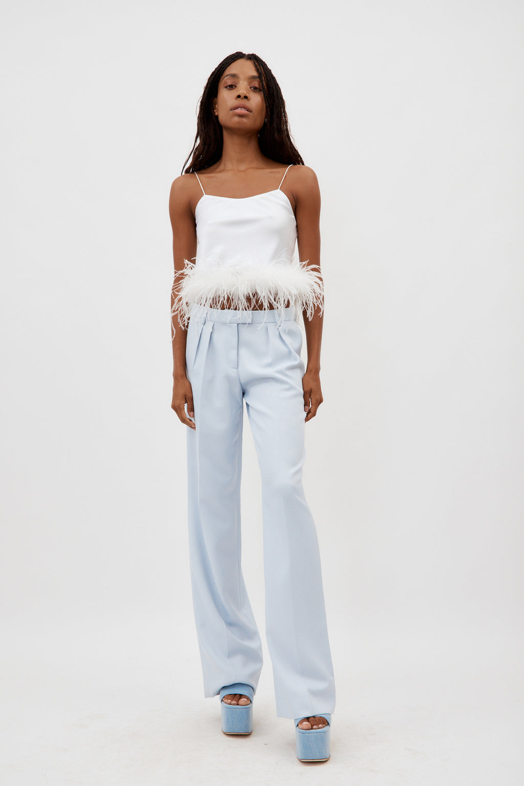 Bias White Camisole with Ostrich Feathers
