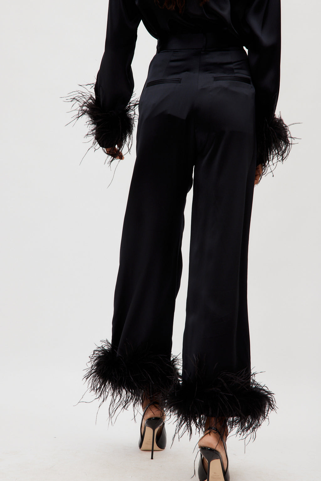 Relaxed Black Pant With Ostrich Trim