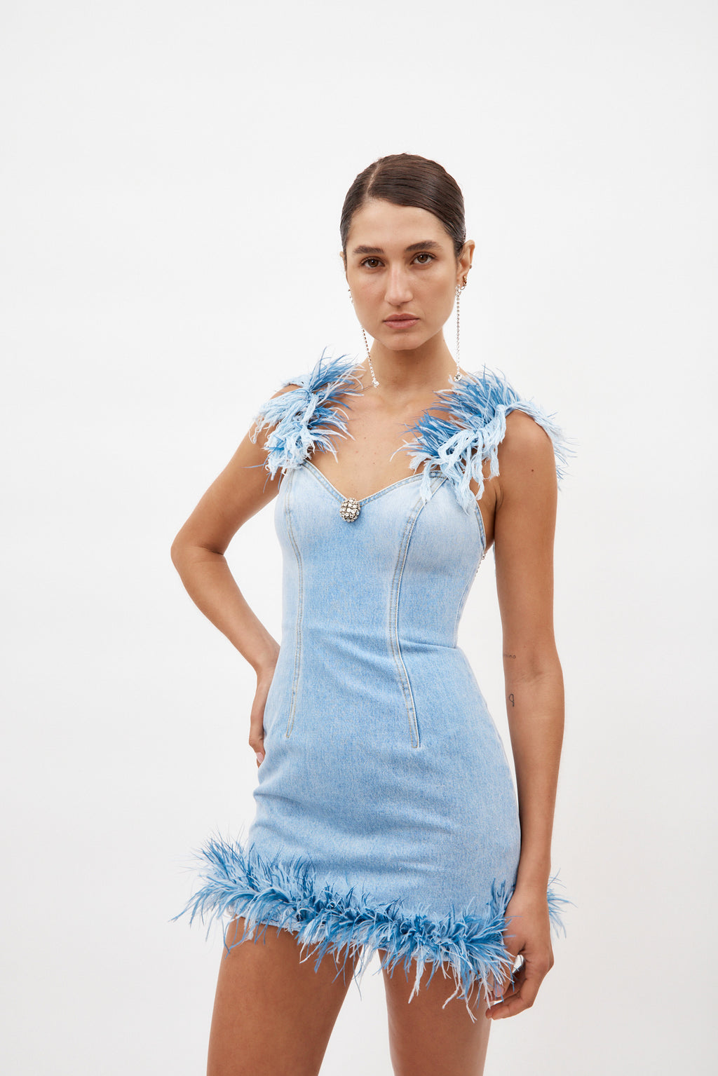 Frayed Light Blue Denim Feather Mini Dress