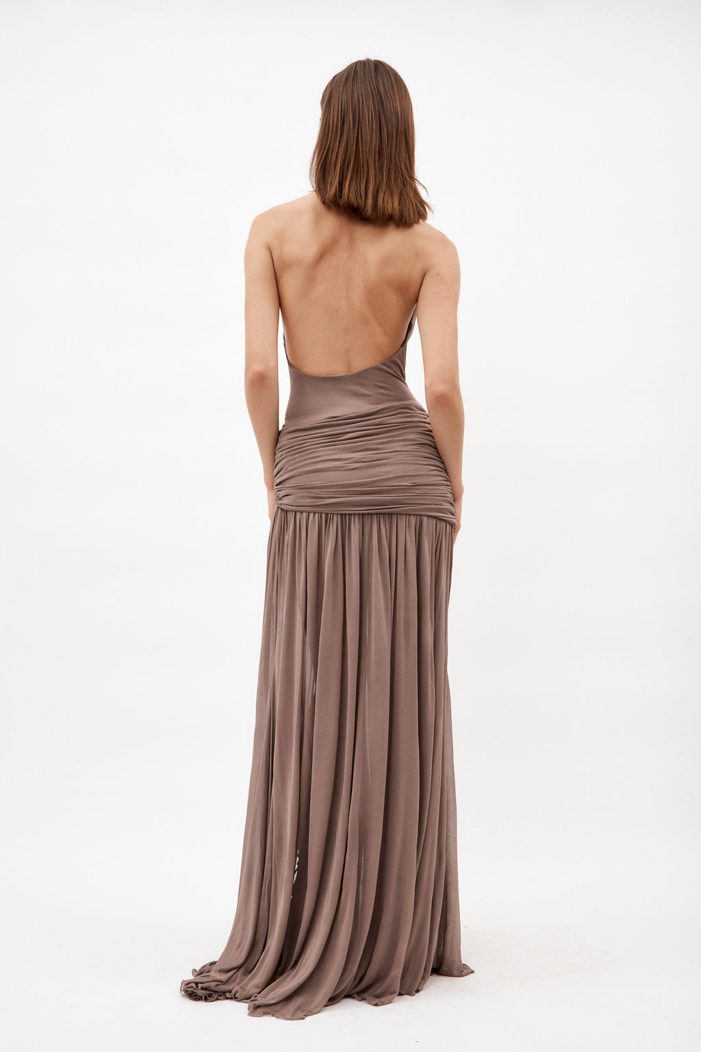 Pleated Coffee Liqueur Long Dress with Vent