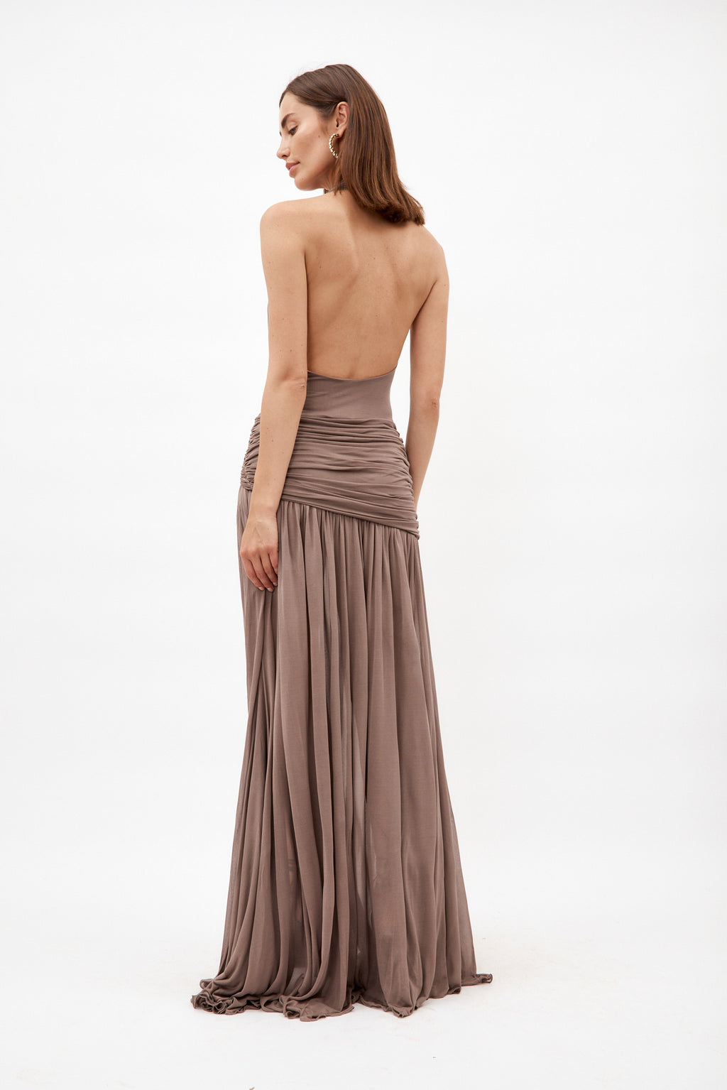 Pleated Coffee Liqueur Long Dress with Vent