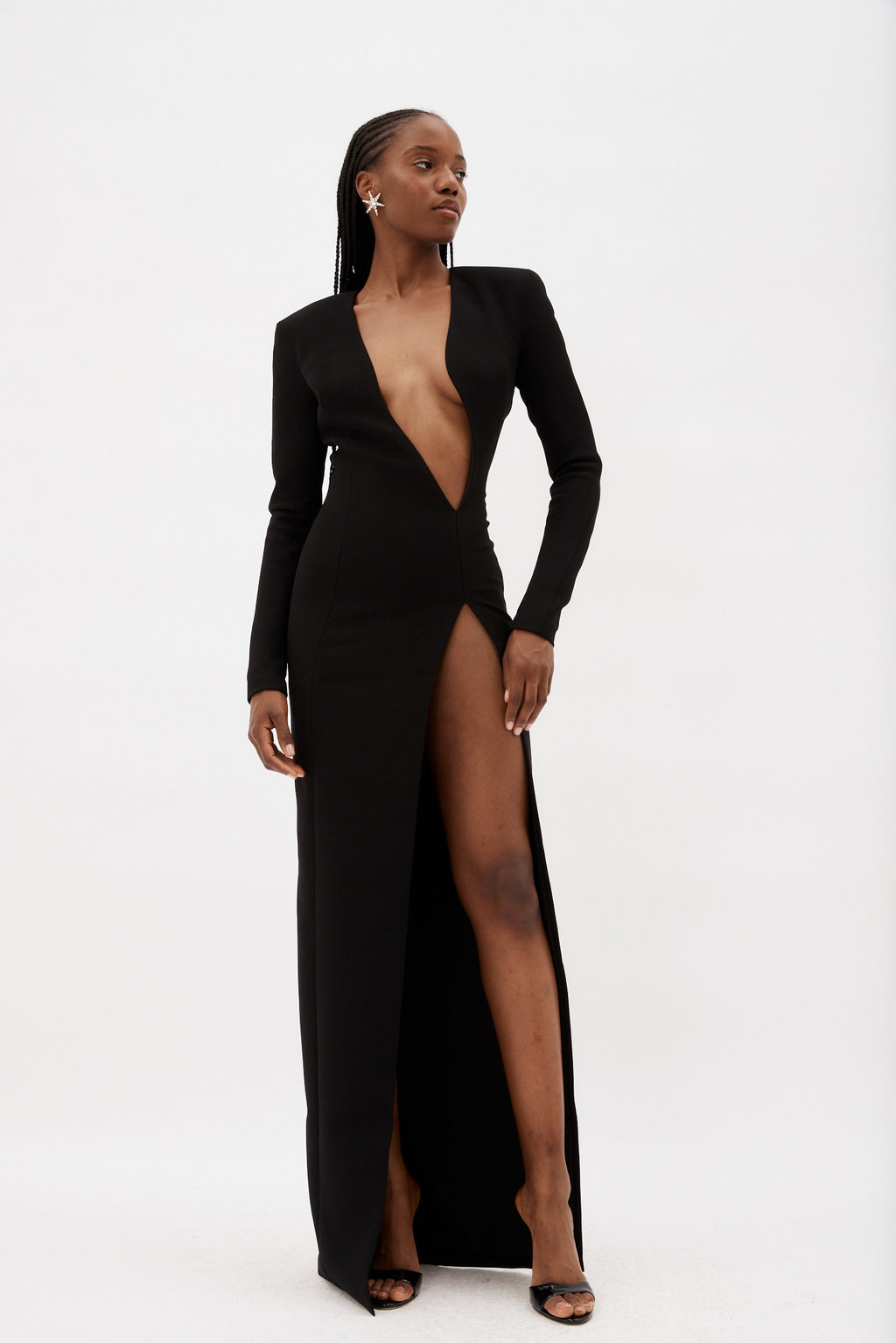 Asymmetric Black V Neck Long Sleeve Maxi Dress - Désordre Boutique