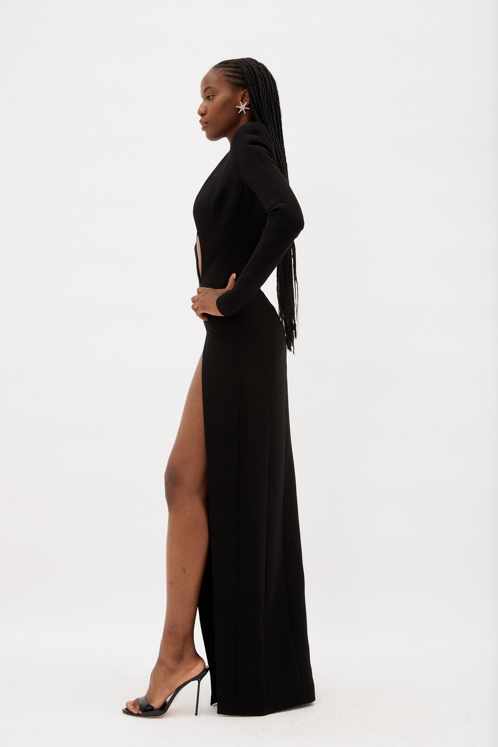 Asymmetric Black V Neck Long Sleeve Maxi Dress - Désordre Boutique