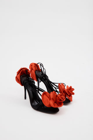 Double Flower Black Red Heel Sandals - Désordre Boutique