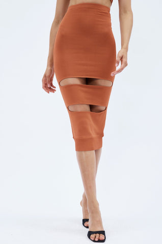 Knit Reddish Brown High Waist Midi Skirt with Cut Out - Désordre Boutique