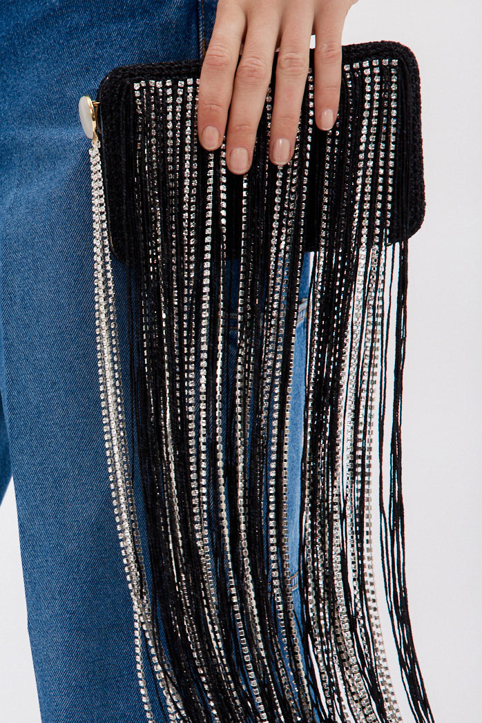 Lelia Black Fringe Clutch with Crystals - Désordre Boutique