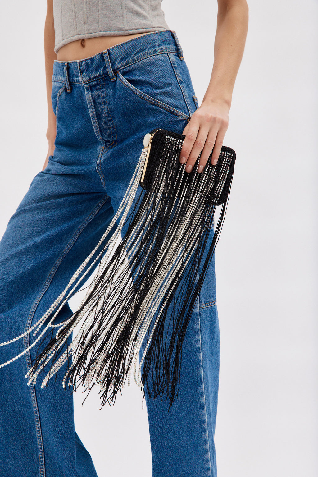 Lelia Black Fringe Clutch with Crystals - Désordre Boutique