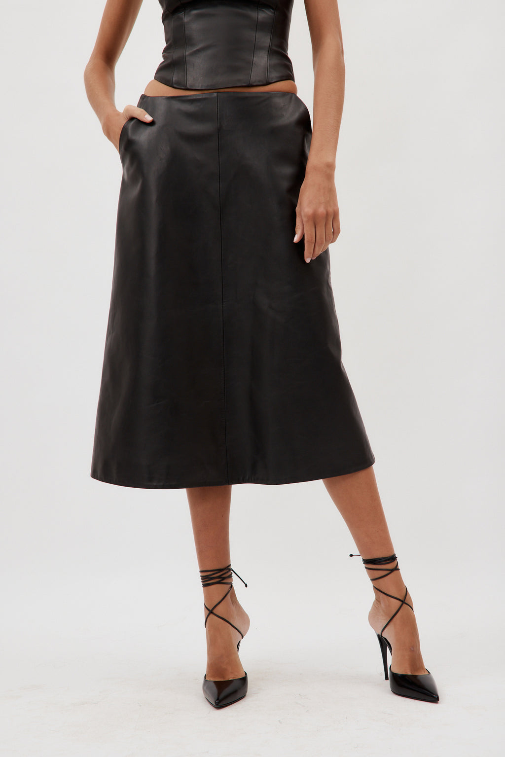 Low Rise Black Leather Midi Skirt - Désordre Boutique