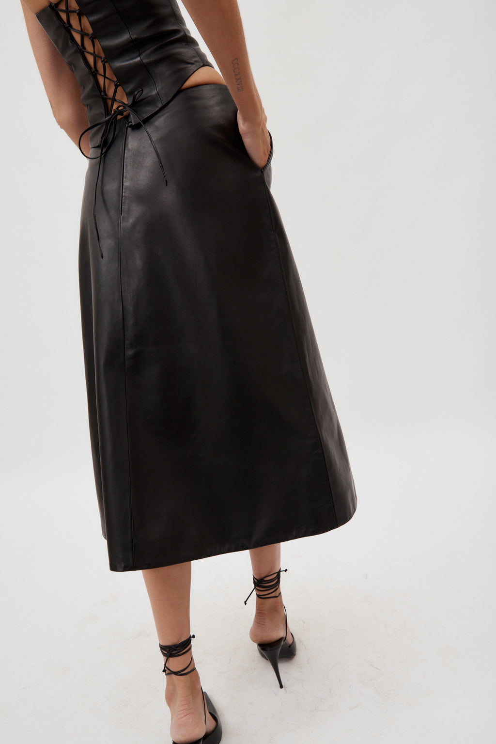 Low Rise Black Leather Midi Skirt - Désordre Boutique