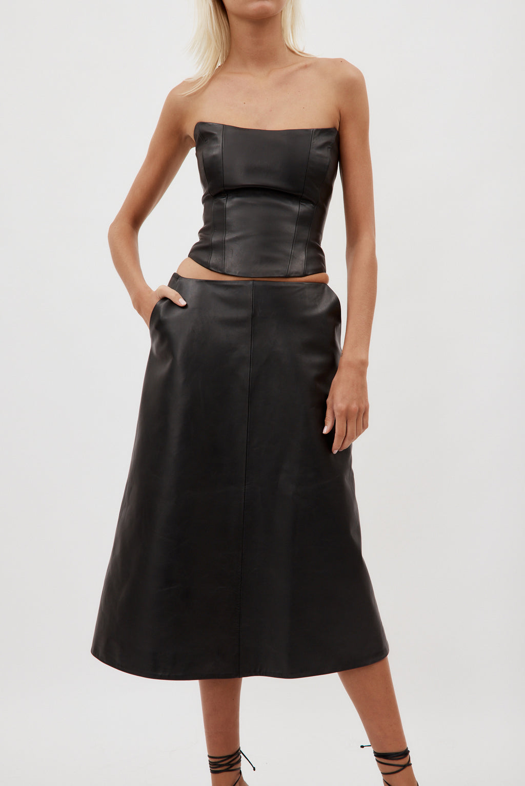 Low Rise Black Leather Midi Skirt - Désordre Boutique