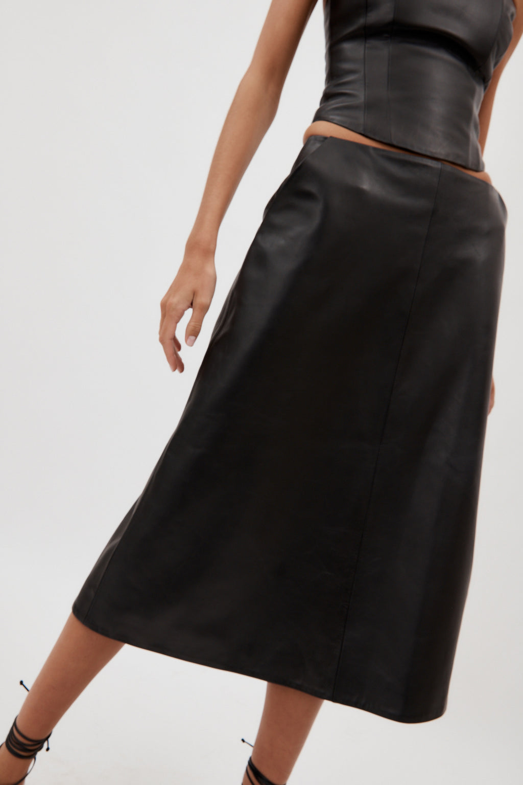 Low Rise Black Leather Midi Skirt - Désordre Boutique