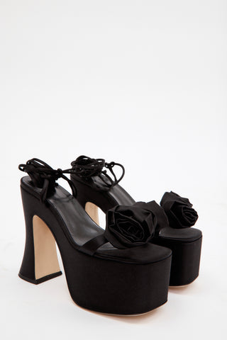 Platform Black Satin Flower Sandals - Désordre Boutique